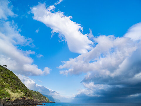 Village in Calheta, view along the southern coast. Sao Jorge Island, Azores, Portugal.