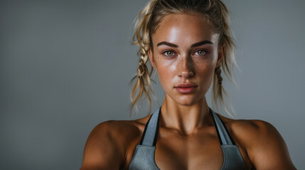 Portrait of a female athlete, swimmer or weightlifter. Broad shoulders.  Copy space. A physically strong woman.
