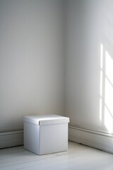 Cinematic simplistic depiction of a white gift box placed in the corner of a room  AI generated illustration