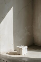Cinematic simplistic depiction of a white gift box placed in the corner of a room  AI generated illustration