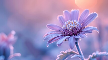 Fototapeta premium Close up image of morning frost on a flower with pastel hues of sunrise AI generated illustration