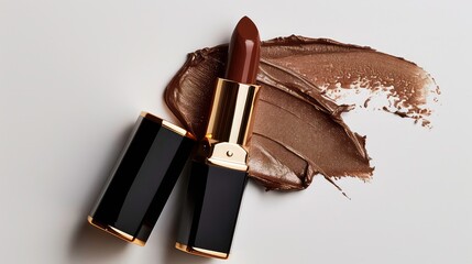 A brown lipstick with a gold trim is lying on a white surface with a brown smear of the lipstick nearby.