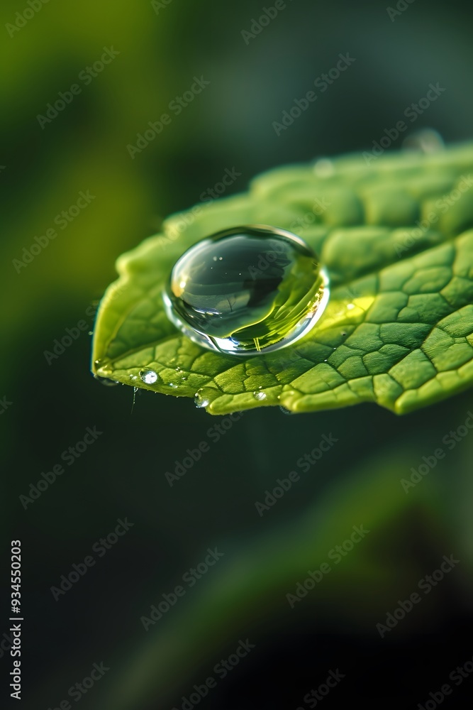 Poster close up of a single raindrop on a leaf reflecting its surroundings in a simple yet captivating way 