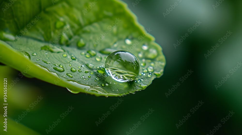 Poster close up of a single raindrop on a leaf reflecting its surroundings in a simple yet captivating way 