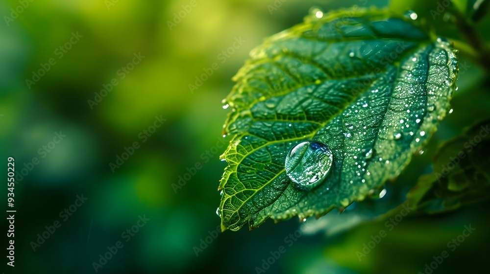 Poster close up of a single raindrop on a leaf reflecting its surroundings in a simple yet captivating way 