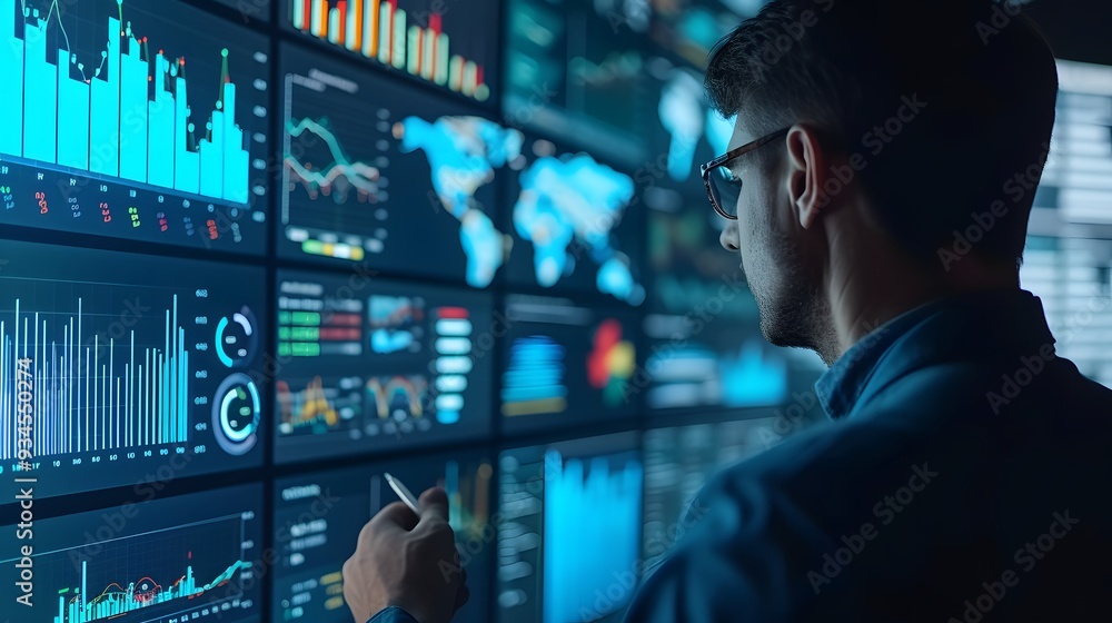 Poster close up of an analyst inspecting data management system with a dynamically presented kpi dashboard 