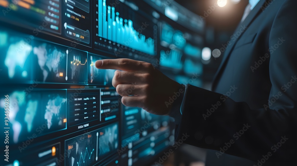 Poster close up of an analyst inspecting data management system with a dynamically presented kpi dashboard 
