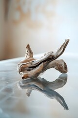 Fototapeta premium Close up shot of a small piece of driftwood on a clear glossy tabletop AI generated illustration