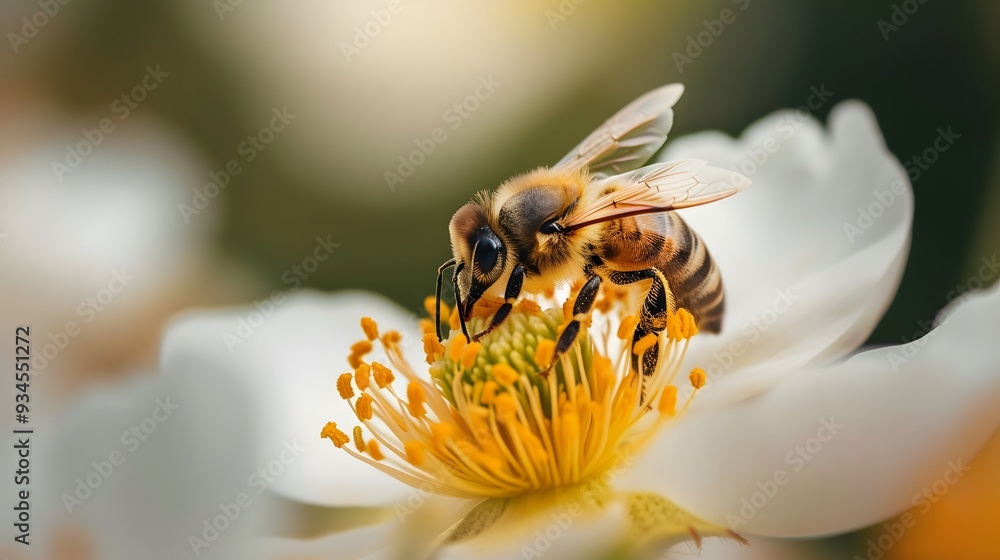 Poster close-up of a bee collecting nectar from a flower in a minimalistic style ai generated illustration