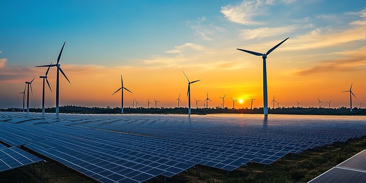 A renewable energy farm with rows of wind turbines and solar pannels