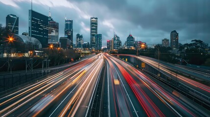 A long exposure shot of a highway with blurred lights and a cityscape in the background.