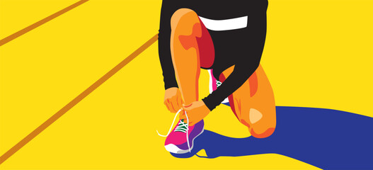 Runner on track tying shoelaces. Vector illustration with high contrast and vibrant colors