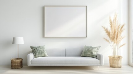 A white couch with pillows and a large white framed picture on the wall