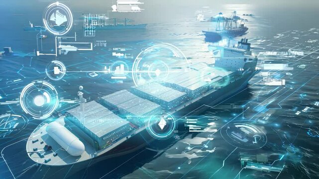 Futuristic cargo ship navigating through digital ocean with overlay technology for maritime innovation and tracking.