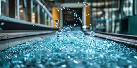 Details with shards of glass falling from a conveyor belt on a pile in a glass recycling facility. Copy space image. Place for adding text or design 