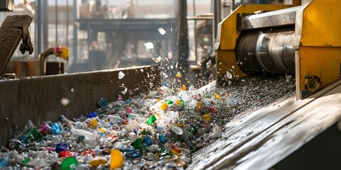 Plastic waste shredding machine in action, breaking down large plastic items into smaller pieces