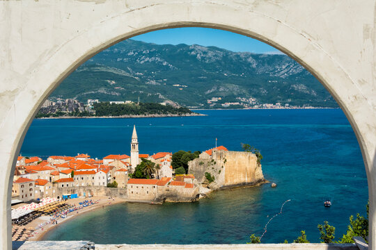 Tower of Saint Ivan Church and the old walled city along the Adriatic coast, Budva, Montenegro