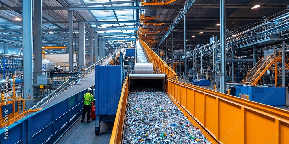 Poster modern recycling facility with advanced sorting machines, workers processing materials, clean and ef