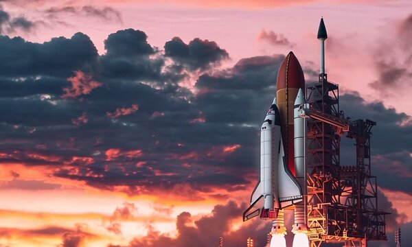 The powerful ascent of a space shuttle against a dramatic sunset sky