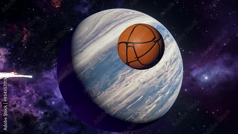 Poster basketball floating near a giant planet in a colorful cosmic space generative ai