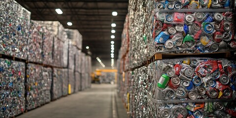 Obraz premium Recycled Aluminum Cans and Packaging in a Warehouse