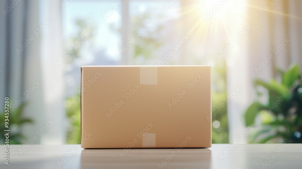 Poster a brown cardboard box sits on a table in front of a window