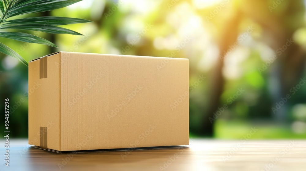 Poster a cardboard box sits on a table in front of a green leafy tree