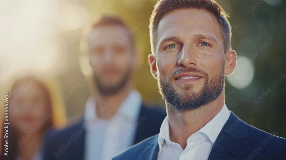 Poster a man with a beard and a smile is standing in front of two other men