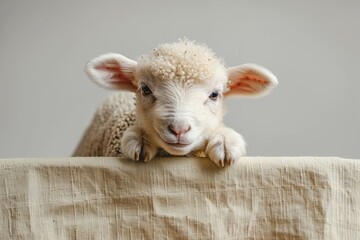 Fototapeta premium Cute Lamb with Fluffy Wool Resting in a Meadow