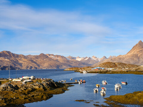 Harbor of settlement Kuummiit (formerly spelled Kummiut). Ammassalik area in East Greenland, Danish Territory.