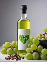 A glass bottle of grapeseed oil is positioned beside a small cluster of green grapes and a few loose grape seeds