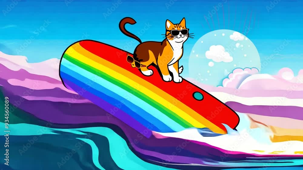 Poster adventurous cat surfing on a colorful rainbow wave in summer generative ai