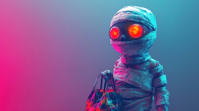 Cyberpunk mummy with colorful bandages holding a trick-or-treat bag Concept blends lowbrow pop surrealism with digital anime and 3D elements.