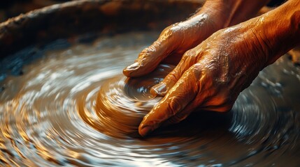 Fototapeta premium A potter's wheel is spinning with a man's hands on it.