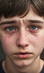 Obraz premium sad crying child, one boy, tears rolling down face, close up portrait, childhood and drama, traumatic experience, hurt feelings and negative emotions, caucasian, age 10-15
