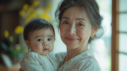 Fototapeta premium 赤ちゃんを抱くおばあさん