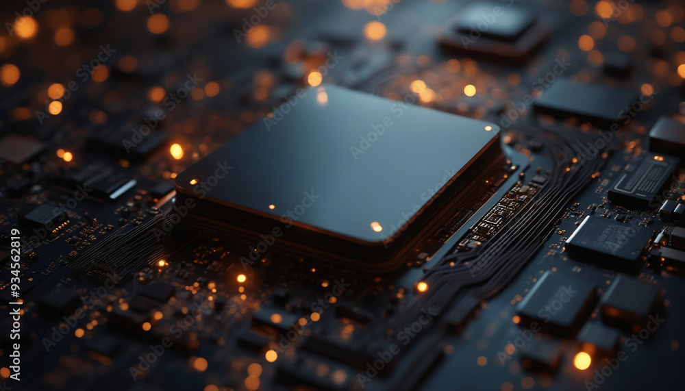Poster a close-up of a computer motherboard with a cpu illuminated by lights, highlighting its components. 