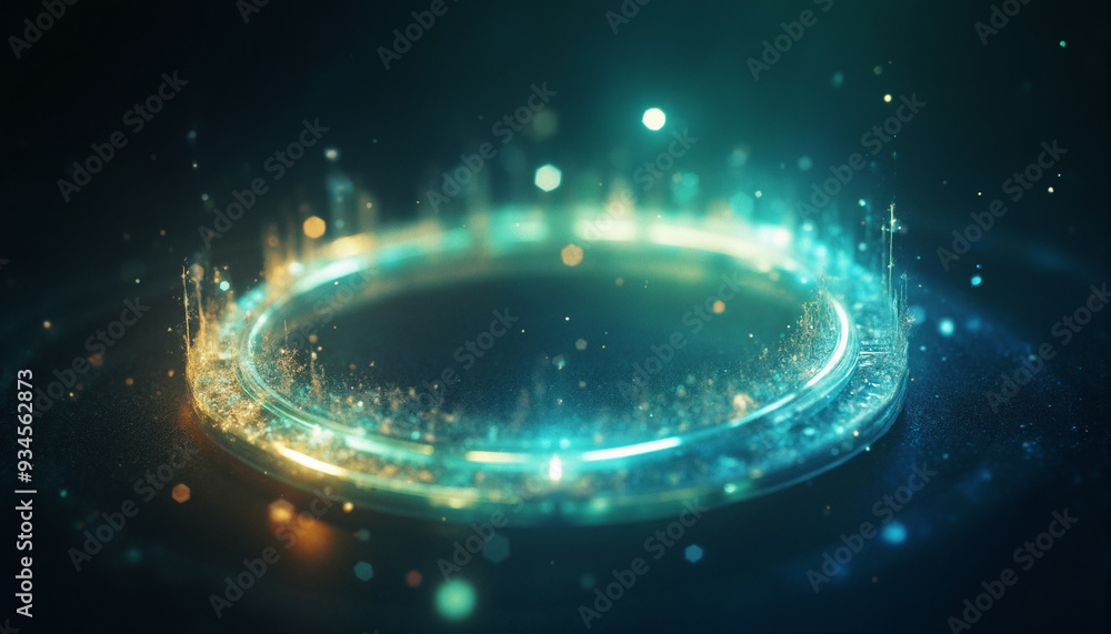 Poster a circular object in the middle of a dark background with blue and green light, creating a mesmerizi
