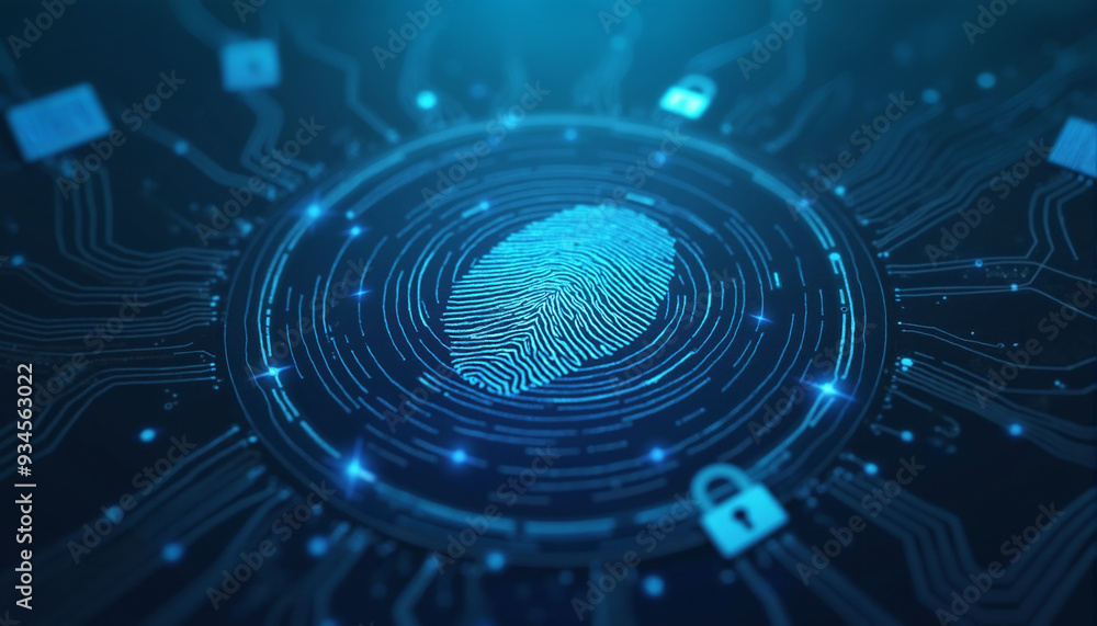 Poster a fingerprint on a circuit board, with a padlock symbolizing secure identity protection. conveys a s