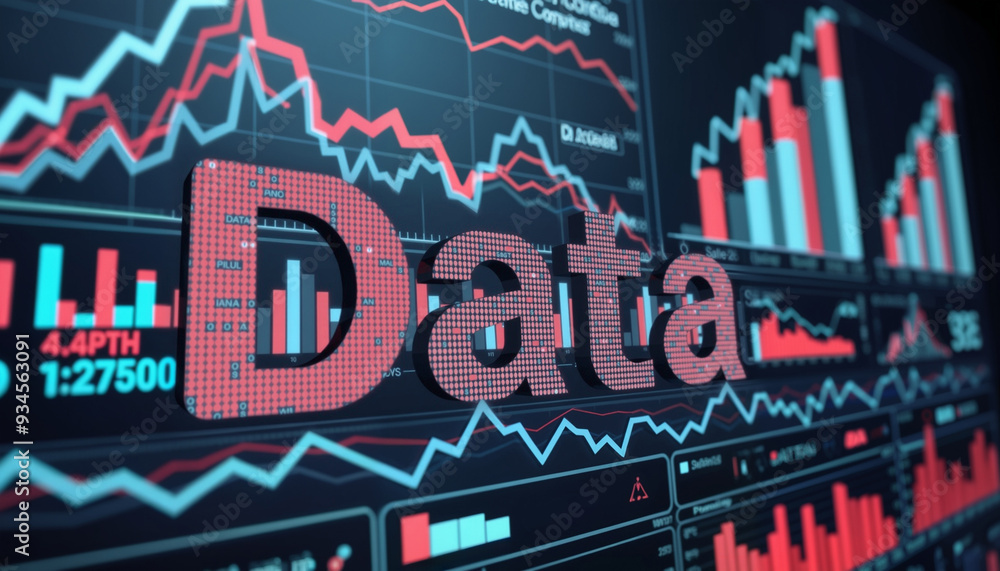 Poster data display: a computer screen with the word data prominently displayed in the center, surrounded b