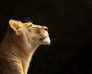 Fototapeta premium A lioness with golden fur, looking up with a serene expression against a dark background.