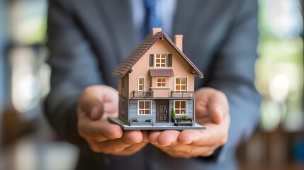 Close-up of a miniature model house being held by a businessman in a real estate office  AI generated illustration