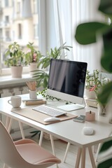 Close-up of a minimalist pastel-colored office set-up  AI generated illustration