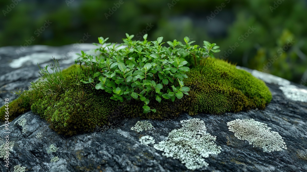 Wall mural arafed plant growing on a rock with moss and lichens