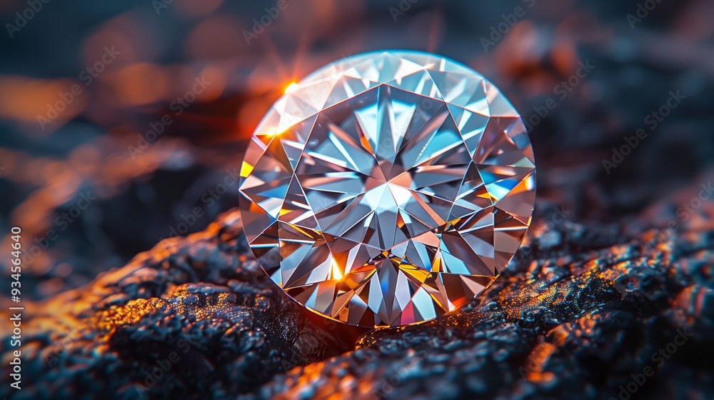 Poster sparkling diamond displayed on rough lava rock at twilight with glimmering reflections