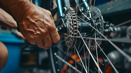 Fototapeta premium Close-up of hands adjusting a bicycle chain AI generated illustration