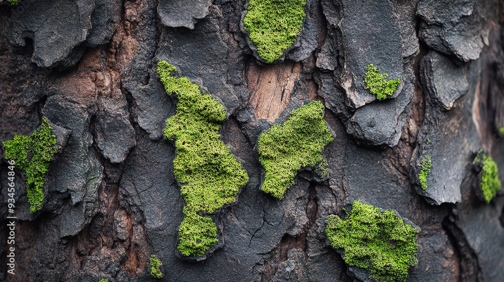 Poster abstract composition with green moss on tree bark - texture and background with very soft focus