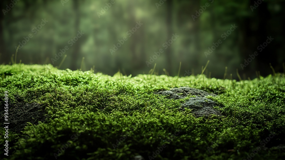 Poster green moss and background. backdrop for displaying products. dark forest background.