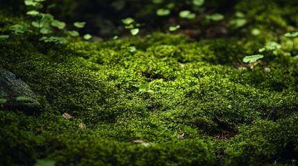 Green moss and background. Backdrop for displaying products. Dark forest background. 