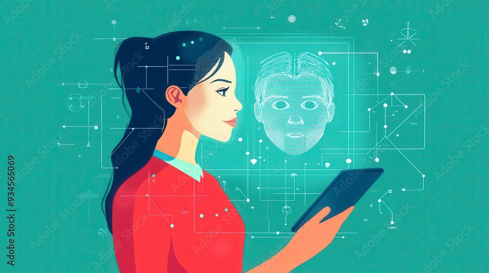 Poster modern woman using tablet with face recognition hologram for data security and technology advancemen